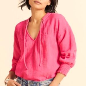 EVEREVE Eleanor Smocked Gauze Top Bright Pink Cotton Med